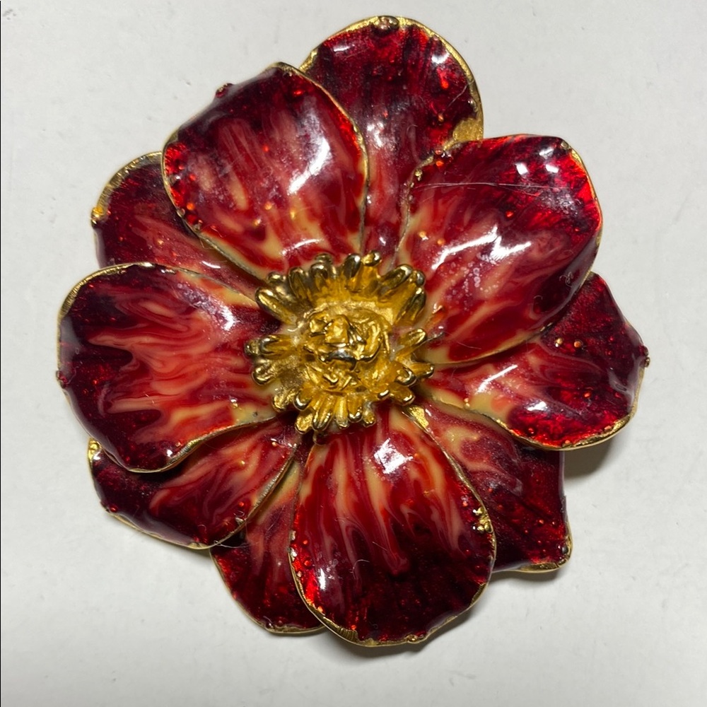Elegant Erwin Pearl Red and Gold Floral Brooch / Pendant